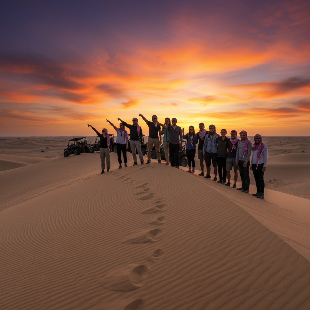Group at a dune ridge during a desert safari