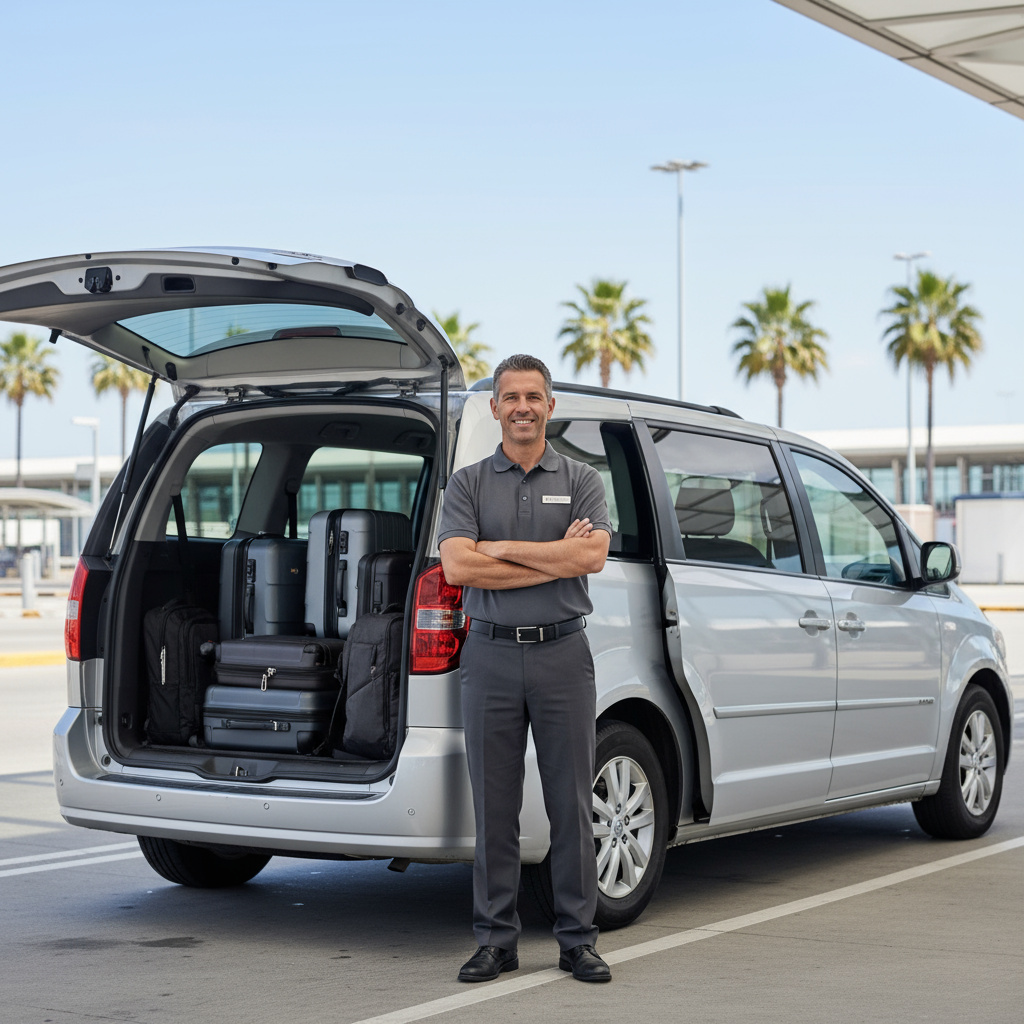 Professional tour driver beside a minivan