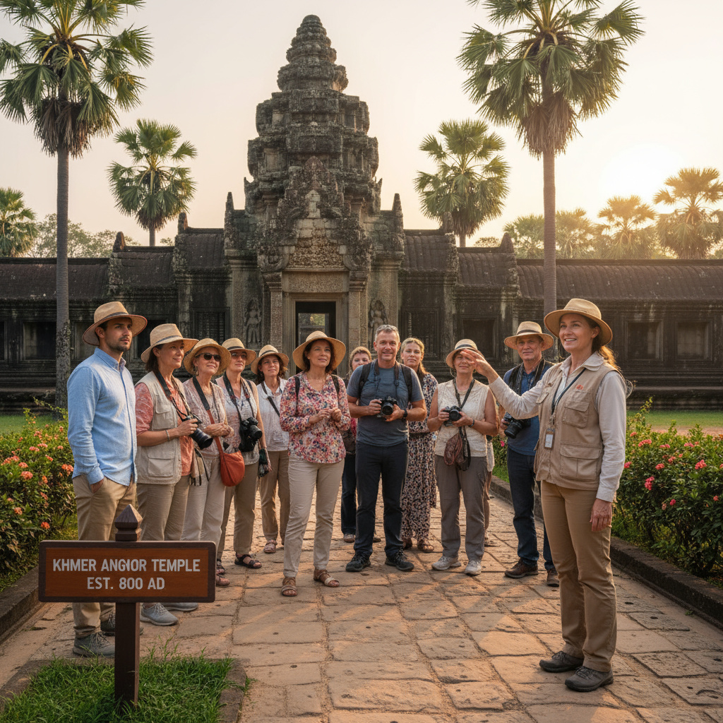 Tour guide speaking to a small group at a cultural site