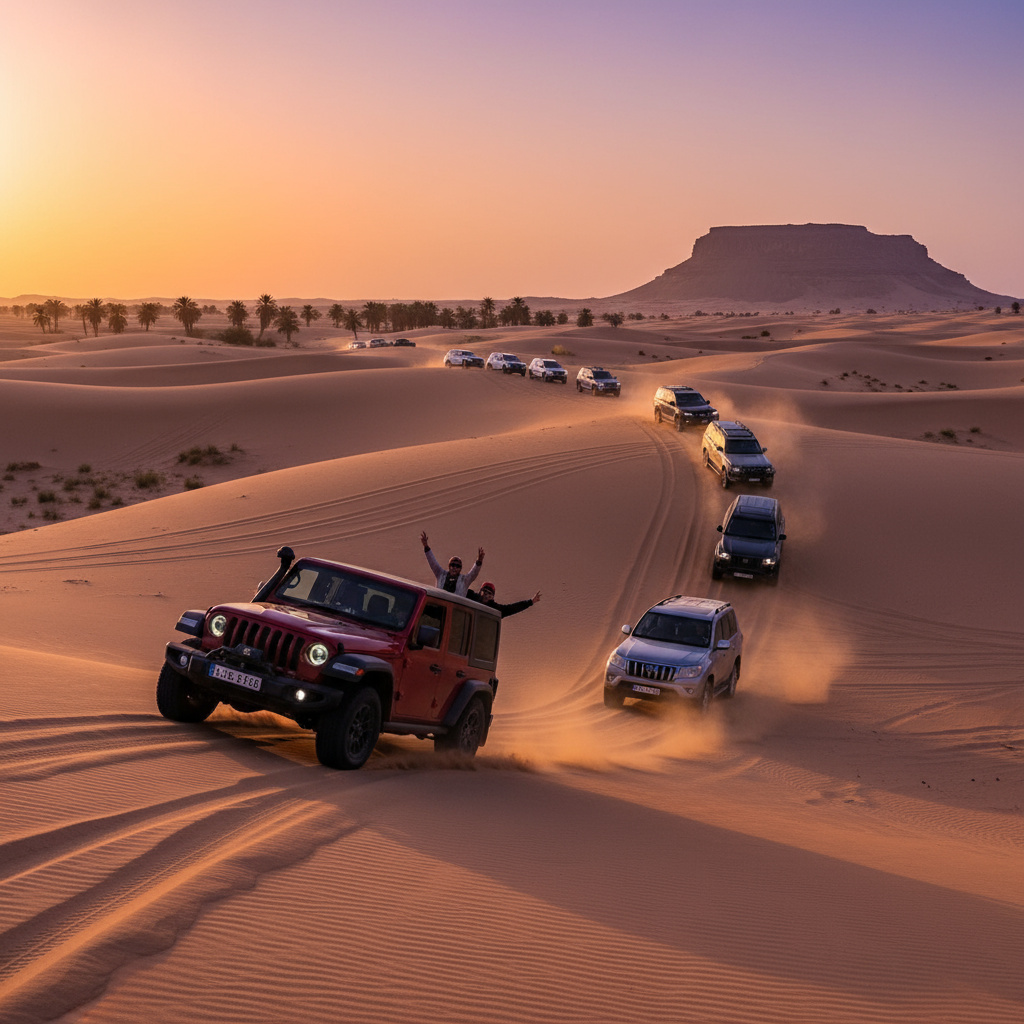 4x4 vehicles on a desert safari at sunset