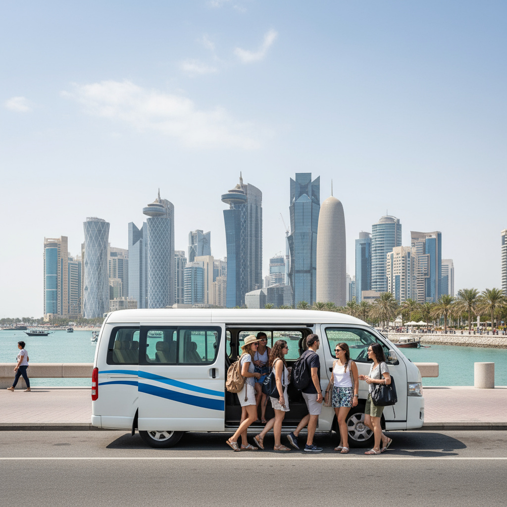 City tour minivan along the Doha Corniche