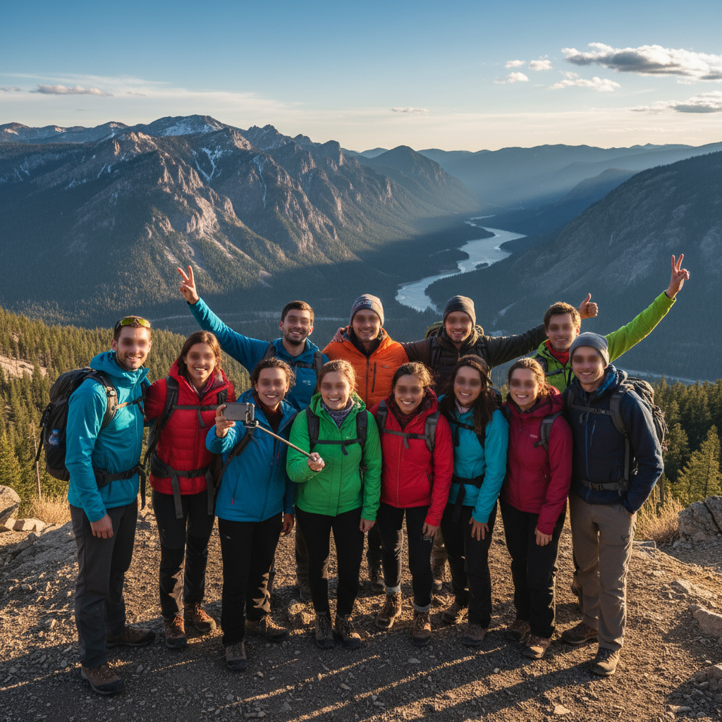 Happy group of tourists at a viewpoint
